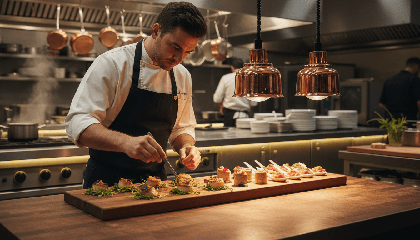 Chef carefully plating appetizers in a professional catering kitchen with warm lighting
