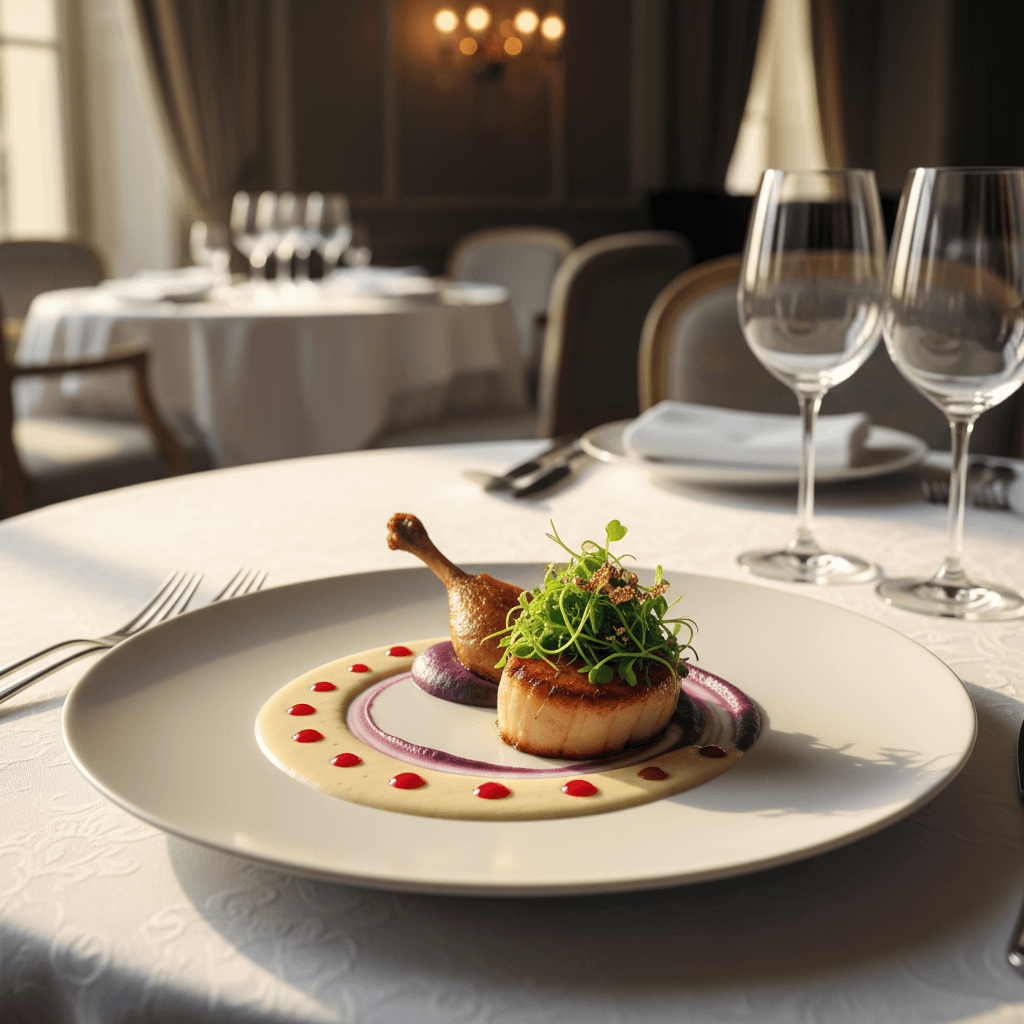 Plated fine dining dish with garnish on a white tablecloth