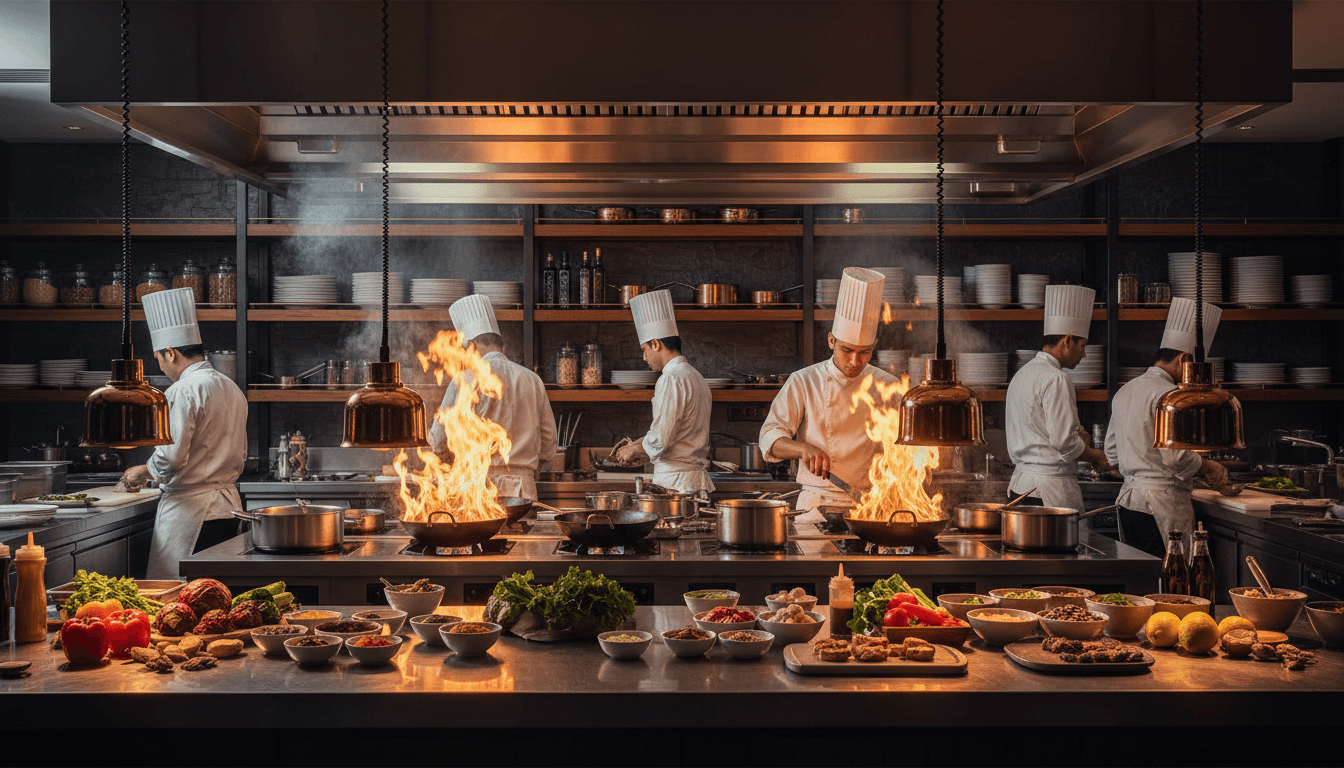 Chef preparing food at a live cooking station
