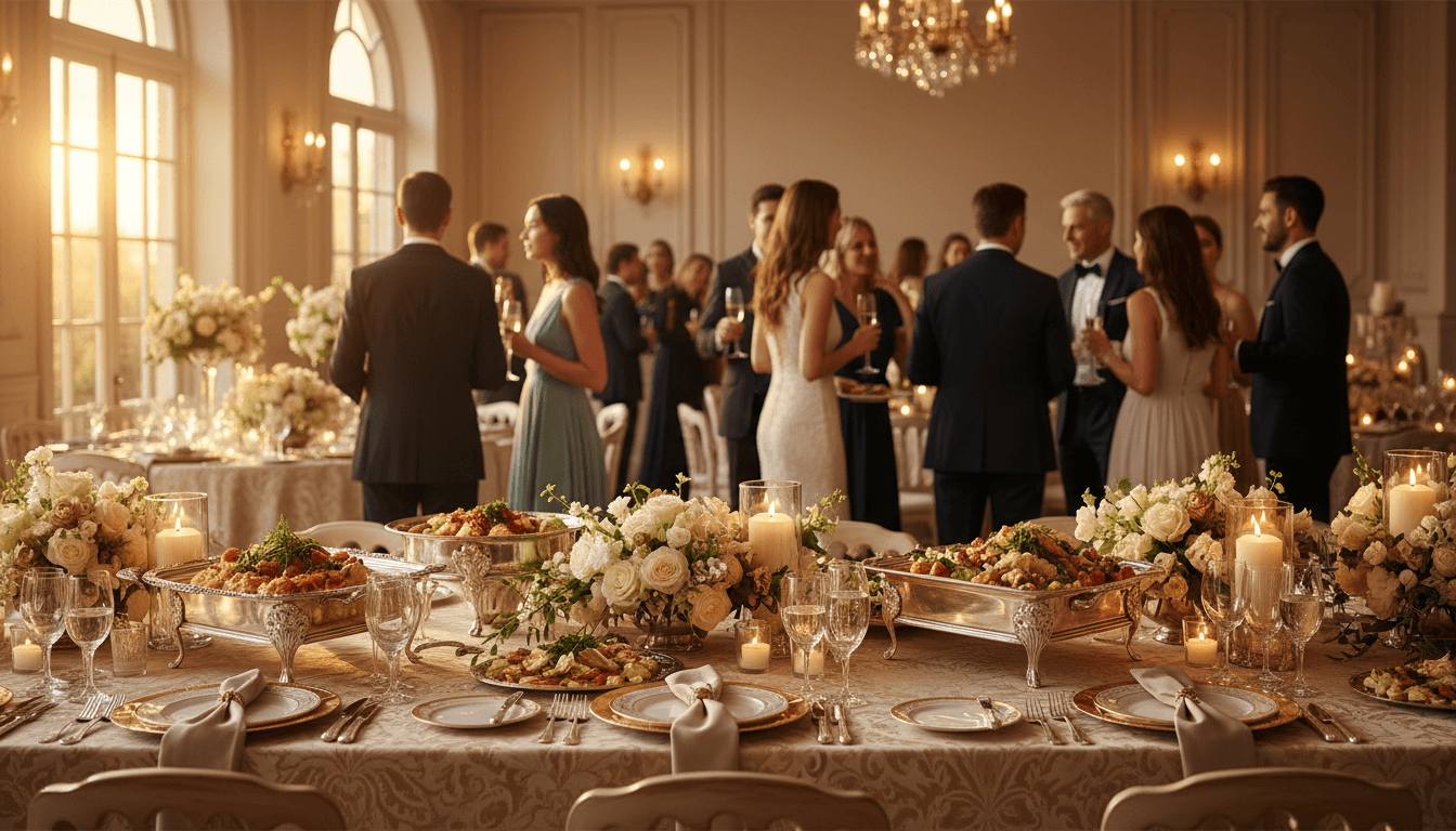 Elegant wedding reception table with catered food displays and warm lighting