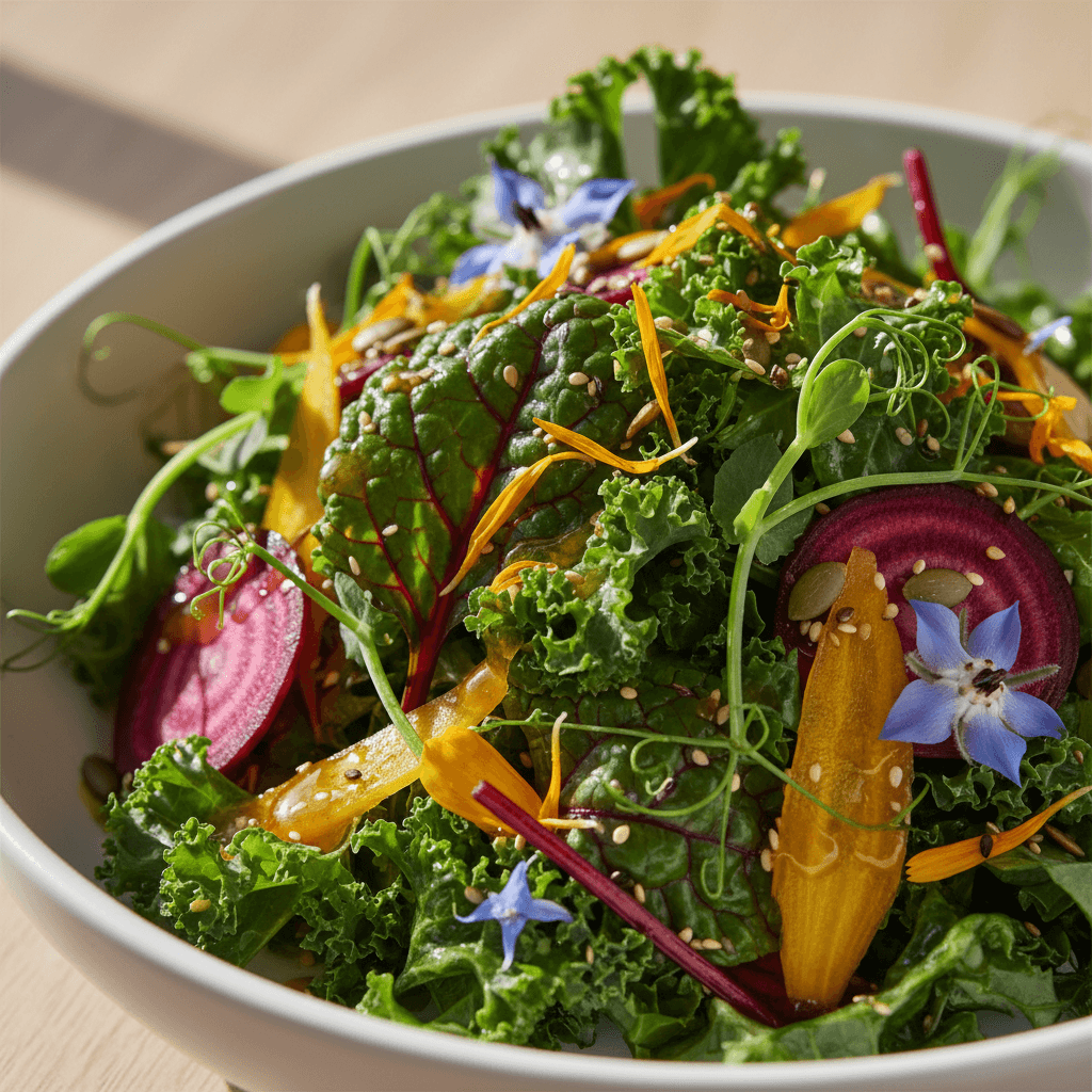 Fresh gourmet salad with grilled vegetables and edible flowers