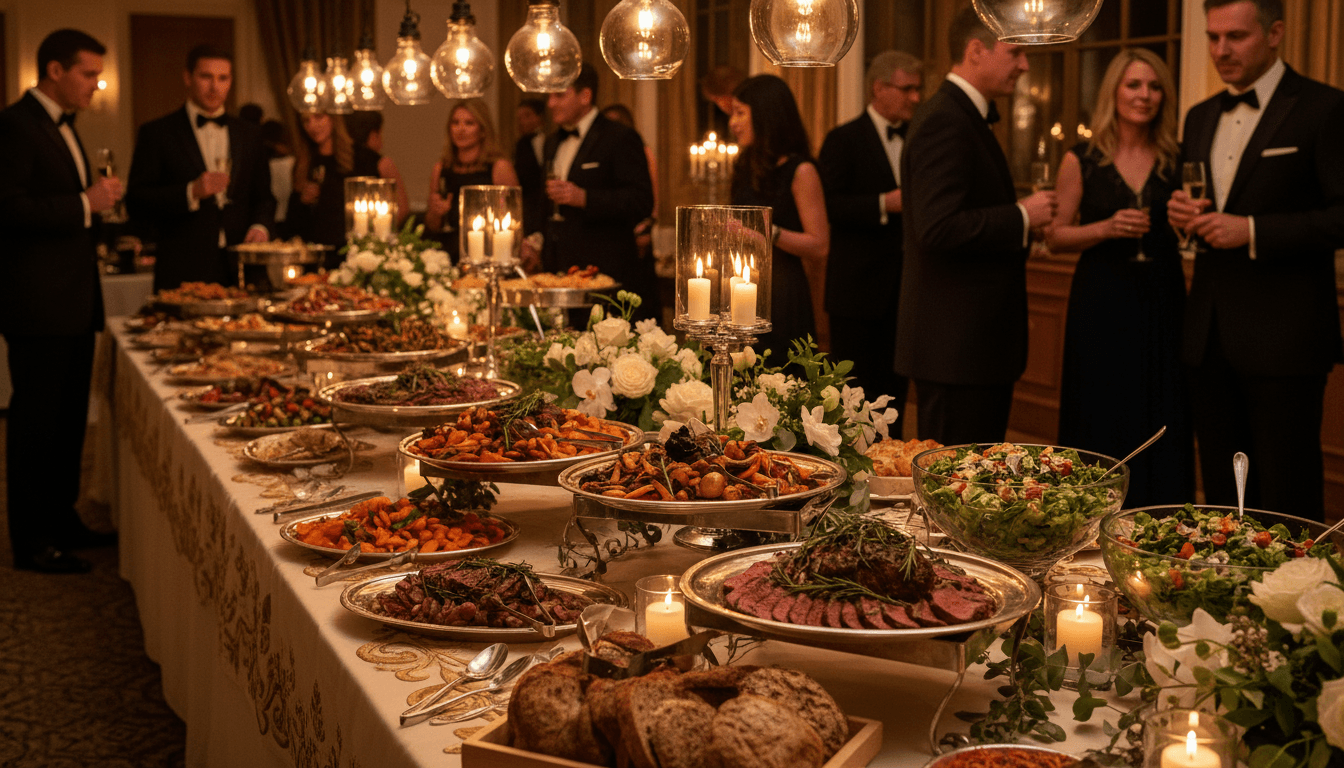 Catering staff arranging beautifully presented food platters at elegant event table