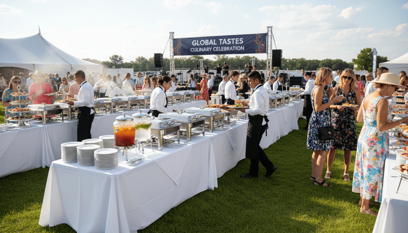 Catering staff serving guests at an outdoor event