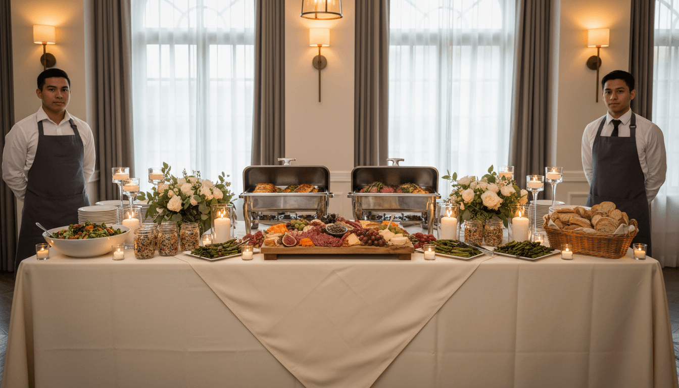 Elegant wedding buffet spread with assorted appetizers