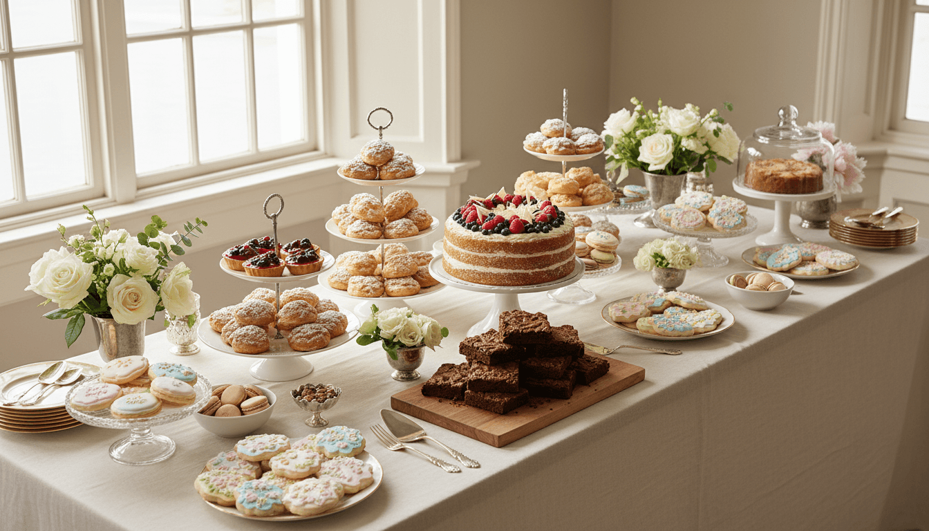 Dessert display with mini pastries, tarts, and cakes on a table