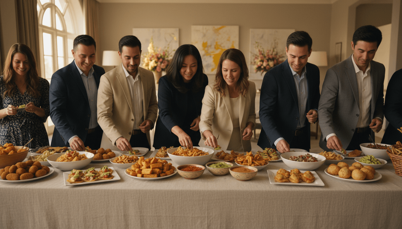 Server offering a tray of appetizers to guests at an event