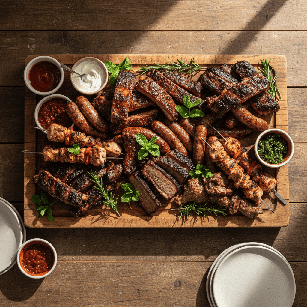 Family-style platters with roasted vegetables and main dishes on a table
