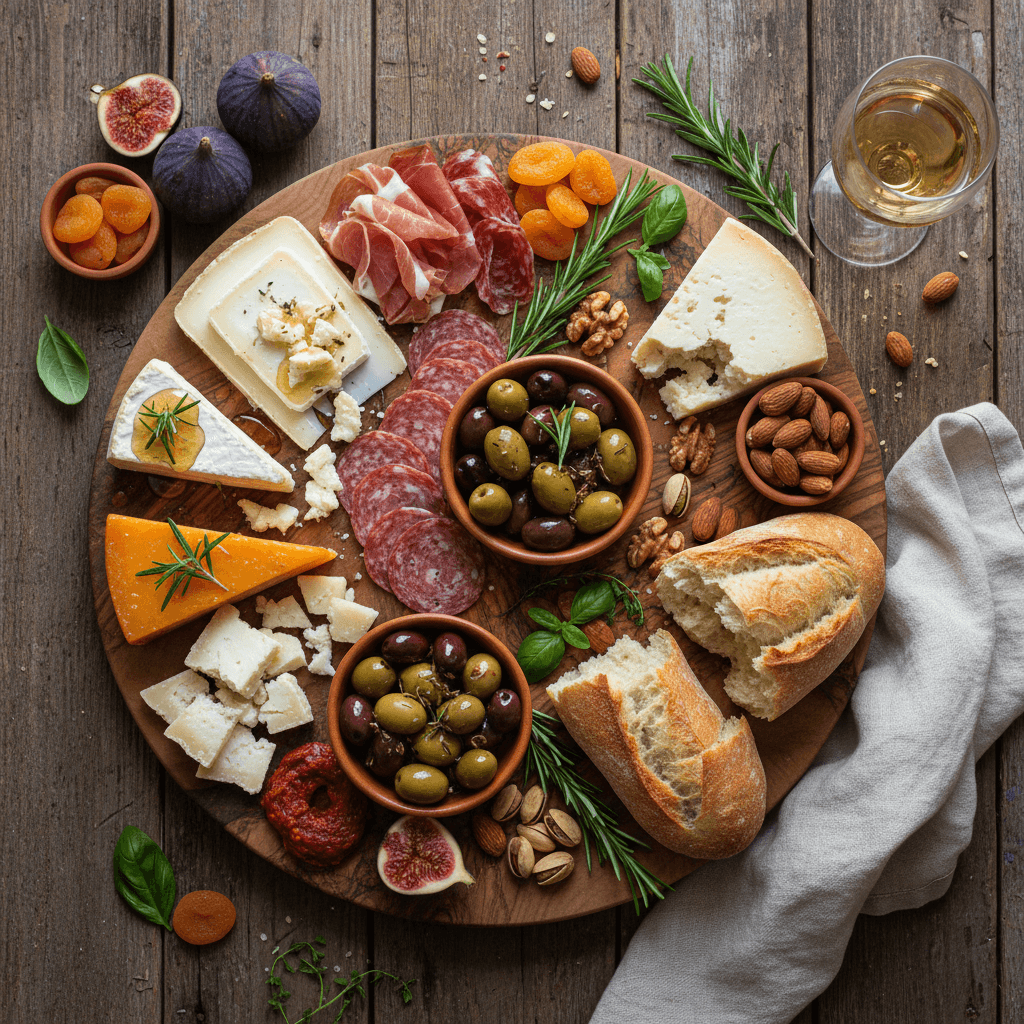 Grazing table with cheeses, cured meats, grapes, and crackers on a wooden board