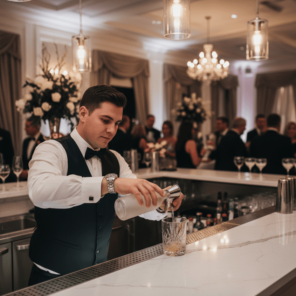Waiter pouring champagne for guests at a corporate event