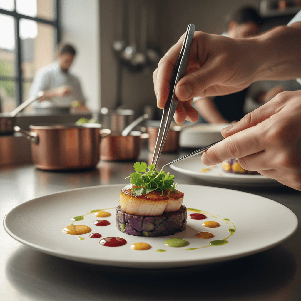 Chef carefully plating a dish with tweezers
